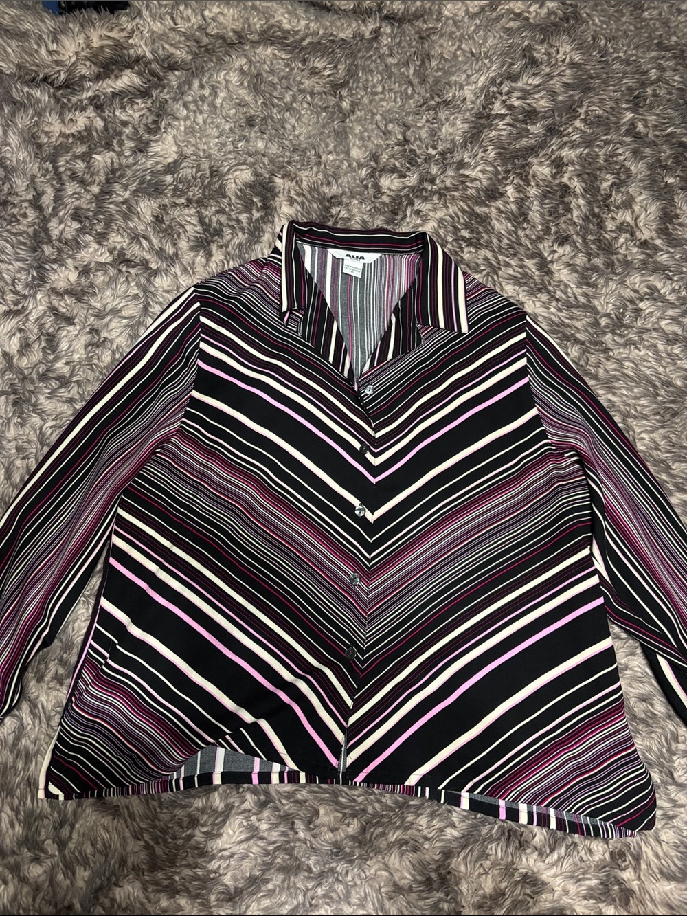 Alia Petites Chevron-Stripe Button-Down Top in Black, Pink and Cream